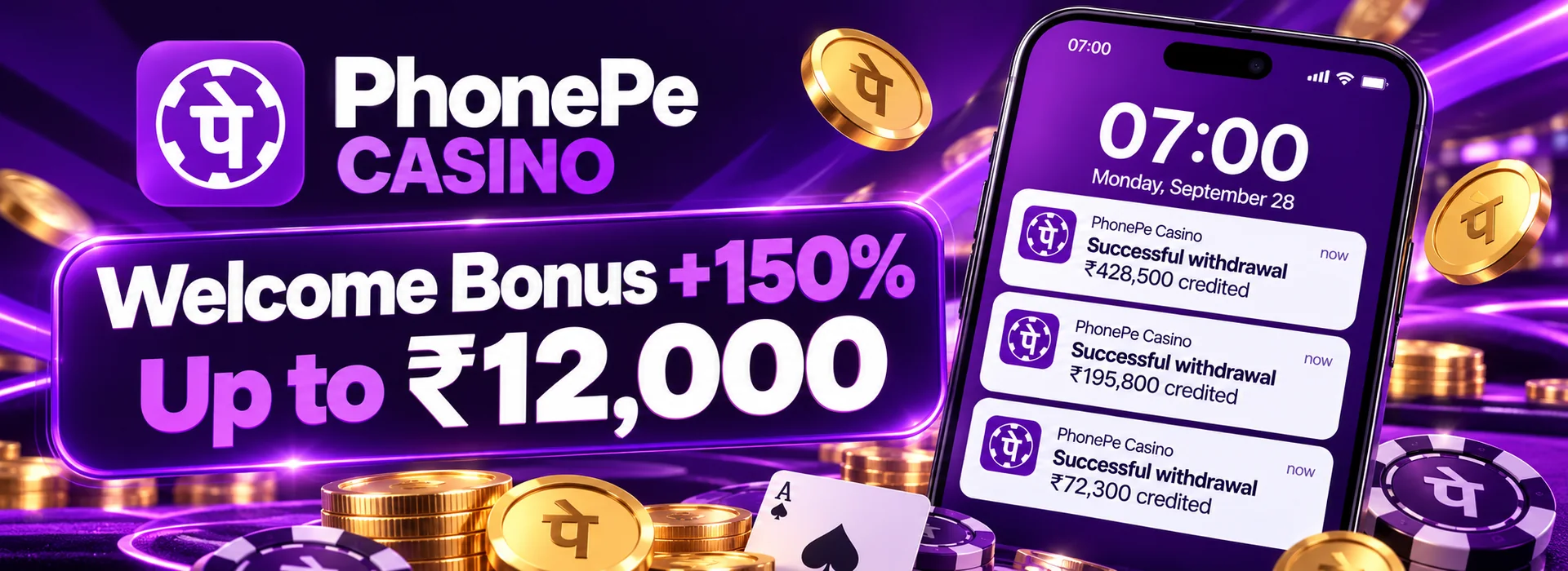 Purple PhonePe Casino promo showing a 150% welcome bonus up to ₹12,000 on a phone