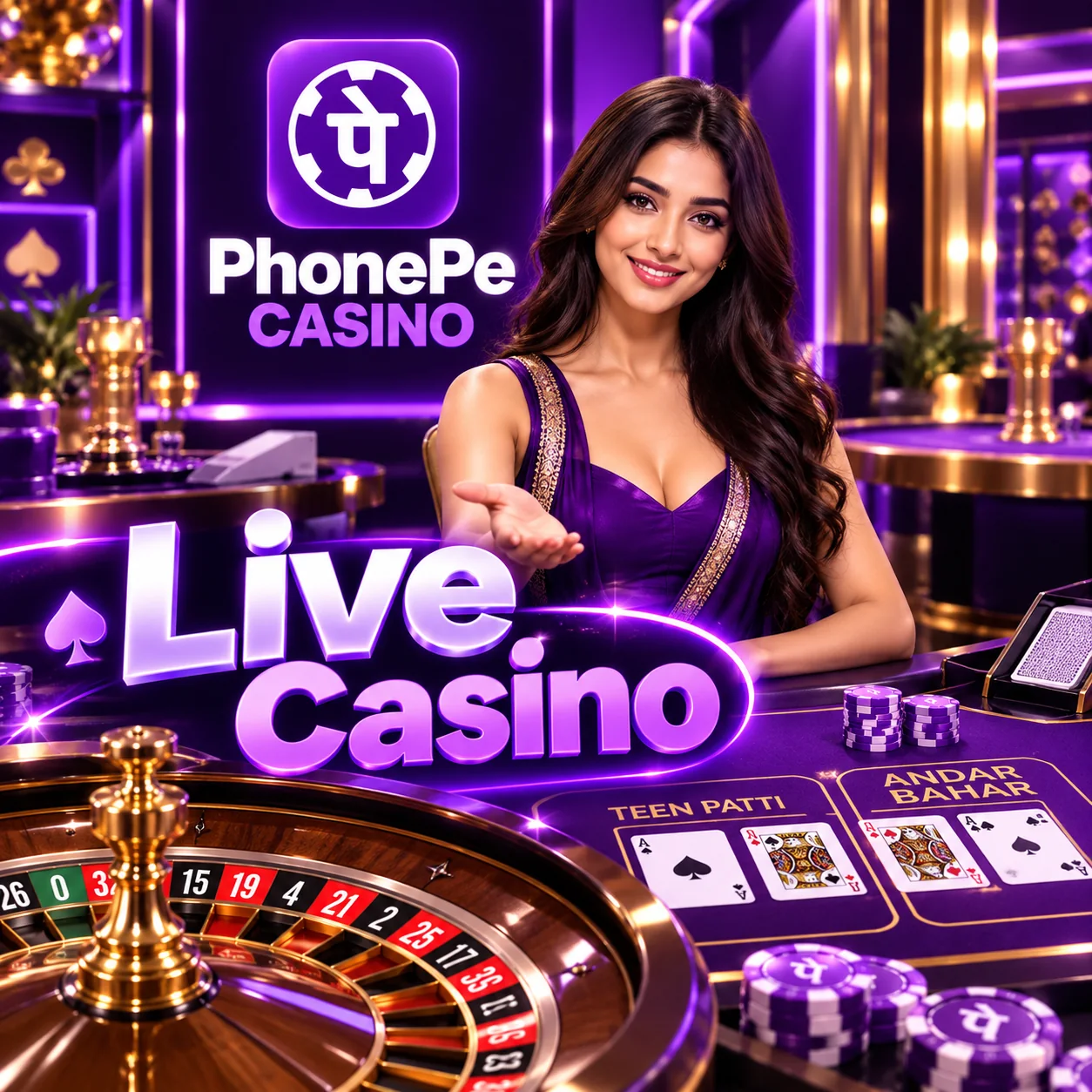 Purple and lavender live casino scene with a dealer table and cards